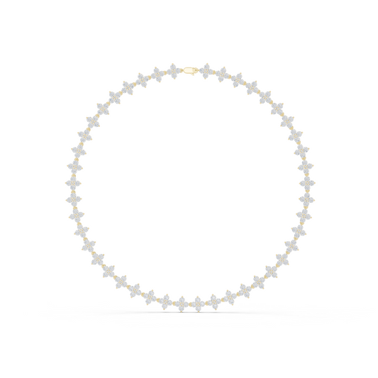 Yellow Gold Sparkling Crystal Quatrefoil Flower Tennis Necklace 19.8ctw