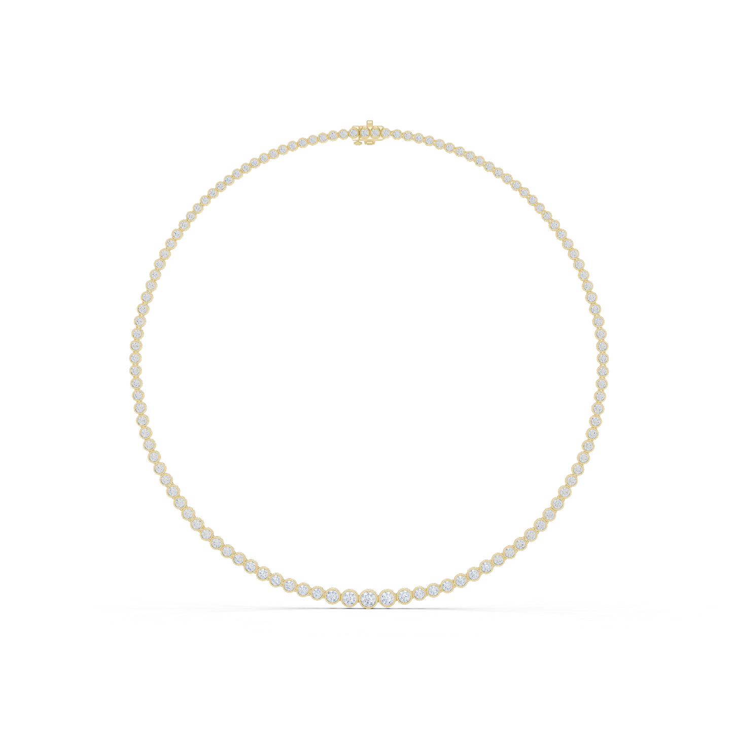 11.01ctw Yellow Gold Bezel Set Graduated Round Cut Tennis Necklace