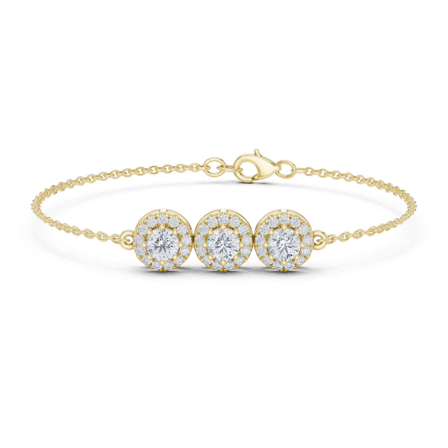 1.29CTW Round Diamond Three-Stone Halo Bracelet | Solid Gold