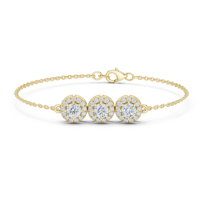 1.29CTW Round Diamond Three-Stone Halo Bracelet | Solid Gold