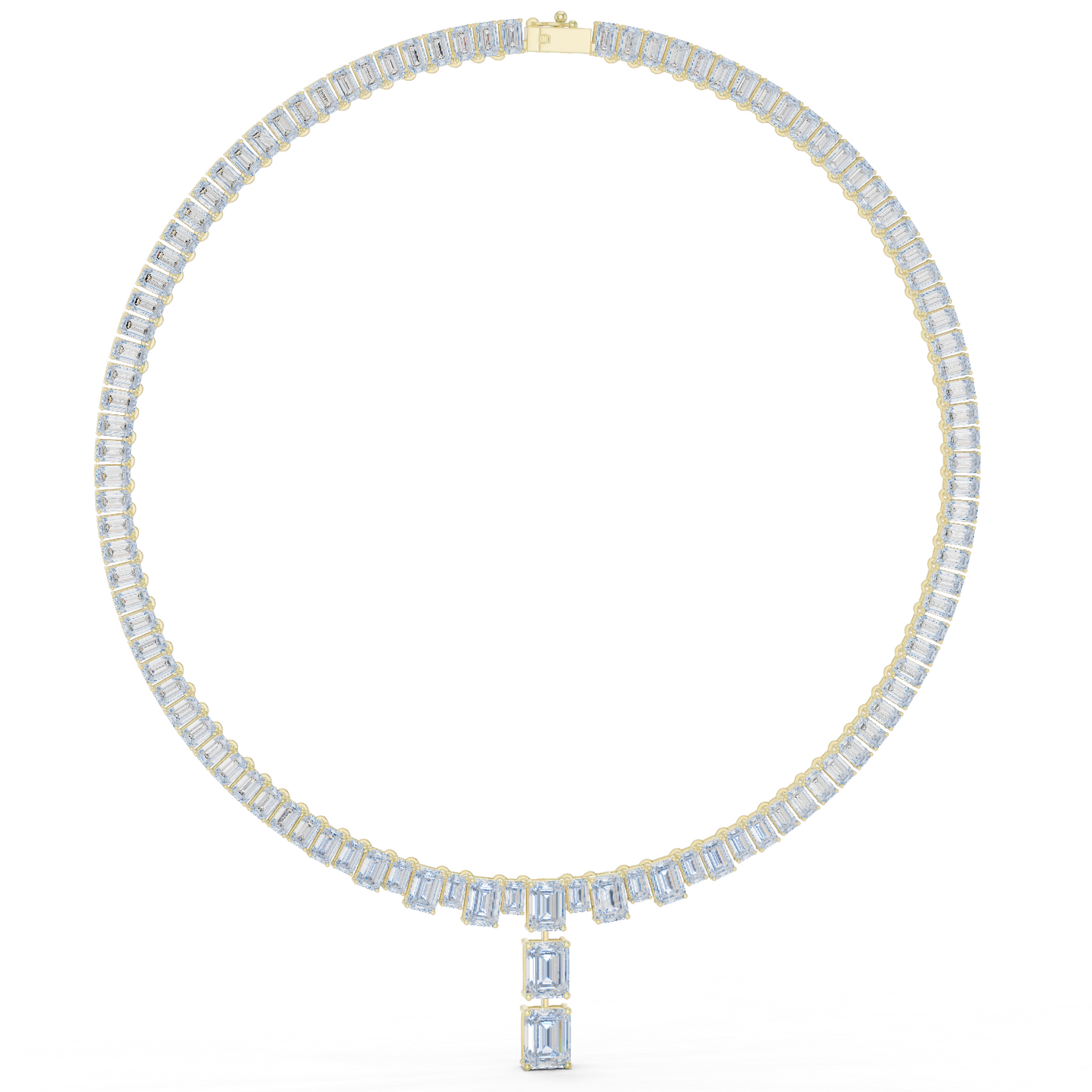 33.3ctw Solid Gold Emerald Cut Diamond Tennis Riviere Necklace with Drop
