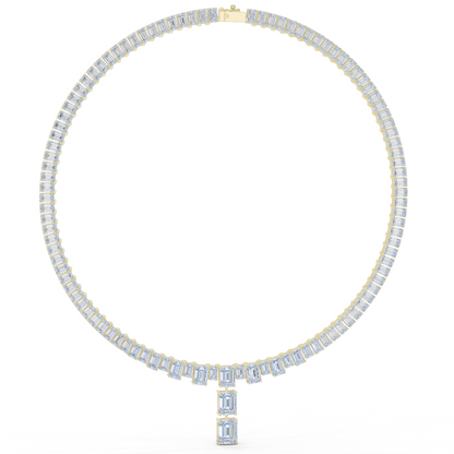 33.3ctw Solid Gold Emerald Cut Diamond Tennis Riviere Necklace with Drop