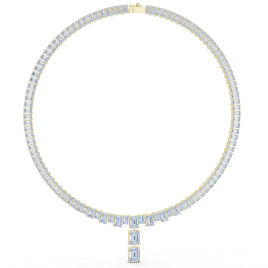 33.3ctw Solid Gold Emerald Cut Diamond Tennis Riviere Necklace with Drop