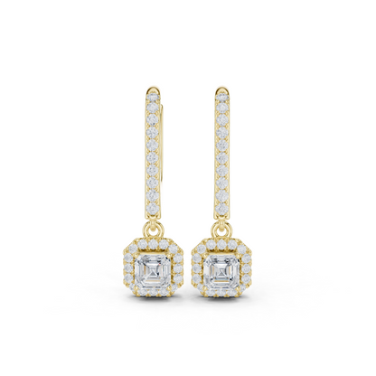 0.83ctw Asscher Cut Diamond Halo Drop Huggie Earrings - Yellow Gold