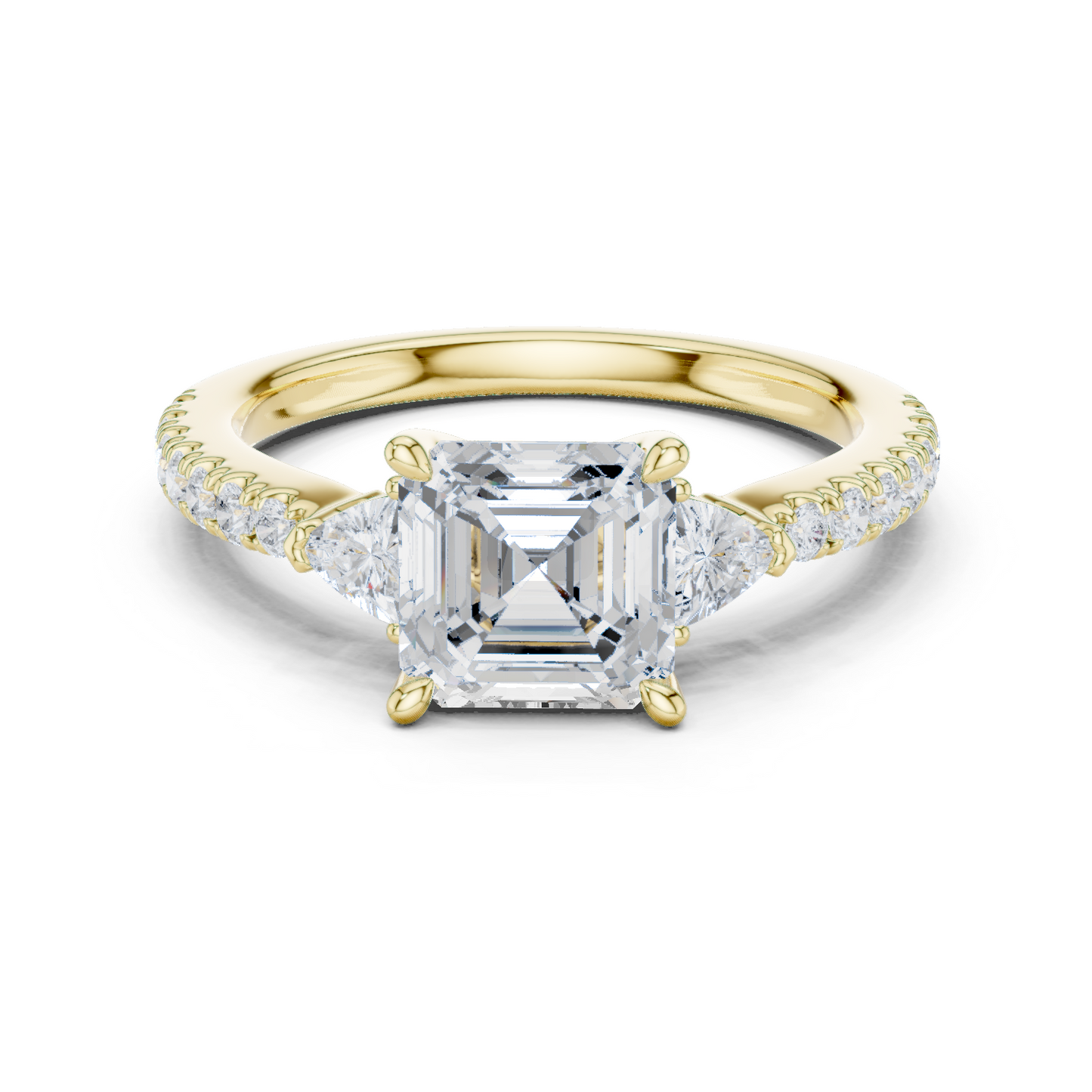 1.96ctw Asscher Cut 3-Stone Diamond Ring in Yellow Gold Pavé Setting