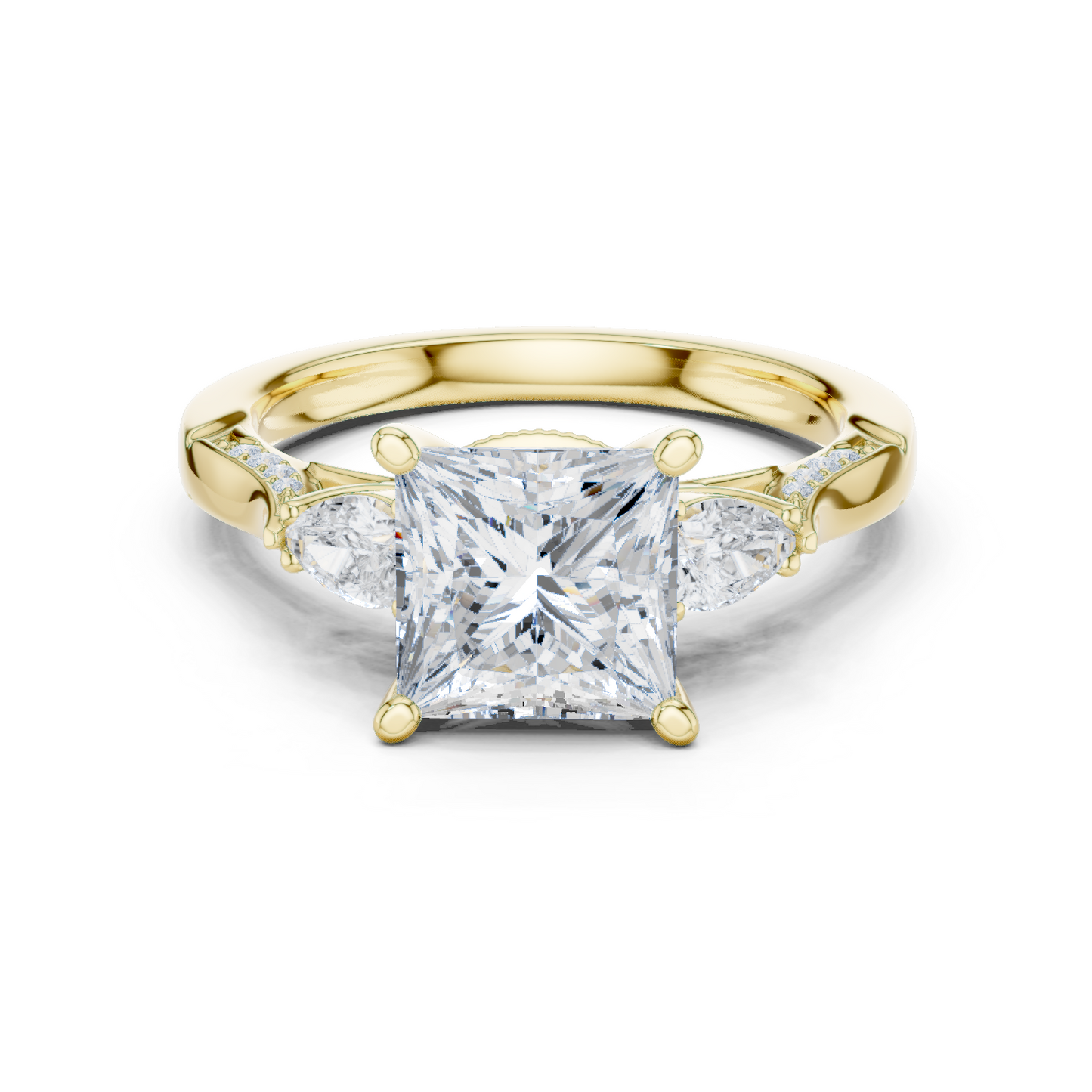 2.54ctw Princess & Pear-Cut Three-Stone Diamond Ring | Yellow Gold Pavé Band