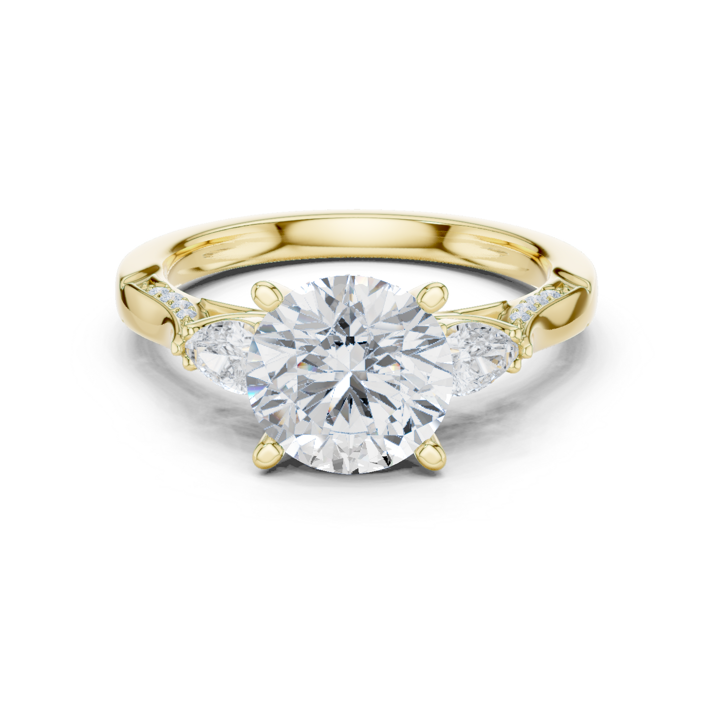 2.54ctw Round & Pear-Cut Three-Stone Diamond Ring | Yellow Gold Pavé Band