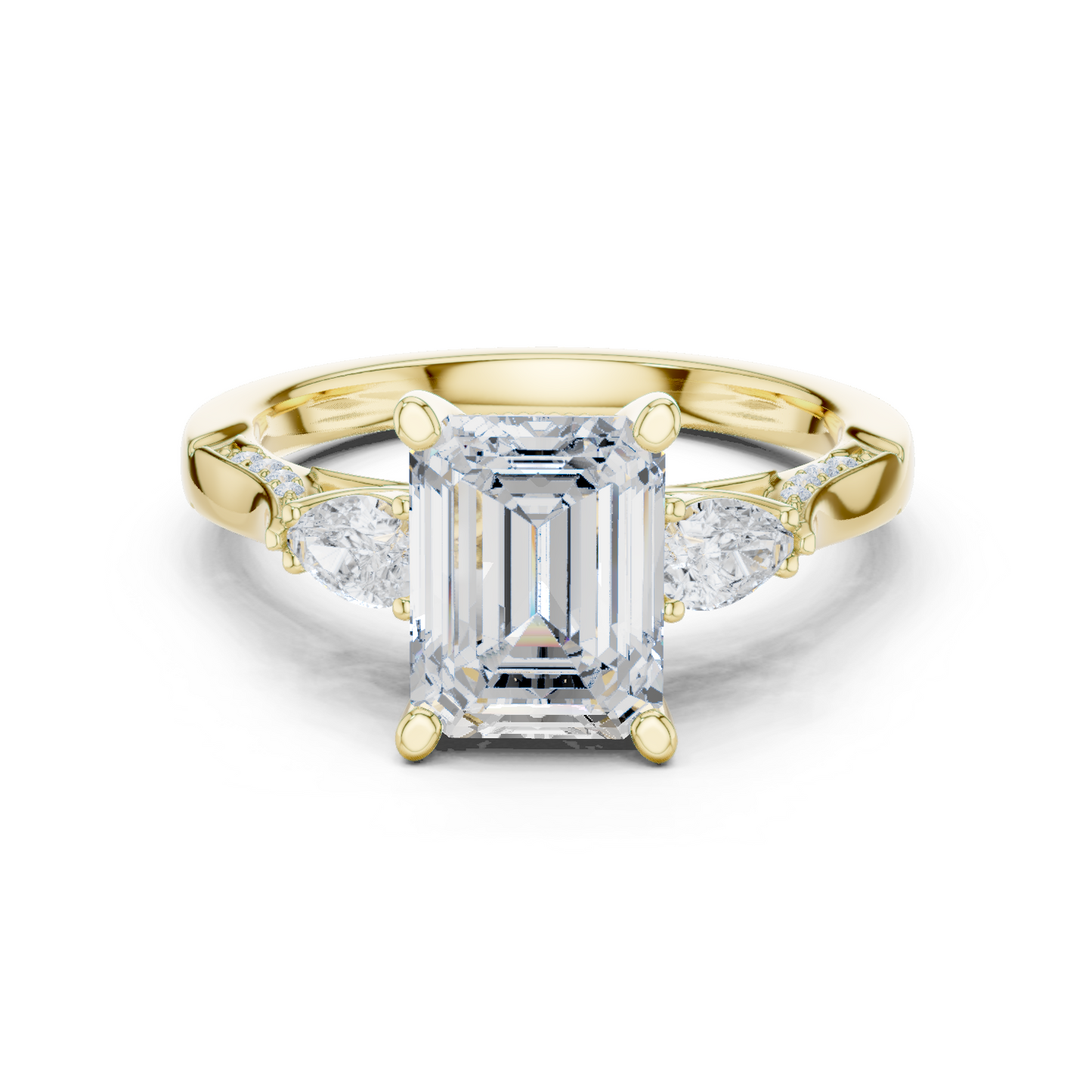 2.54ctw Emerald Cut & Pear Three-Stone Diamond Ring | Yellow Gold Pavé Band