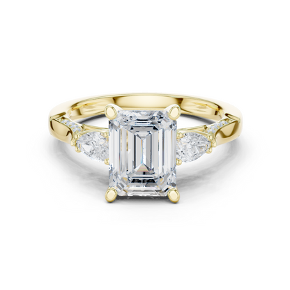 2.54ctw Emerald Cut & Pear Three-Stone Diamond Ring | Yellow Gold Pavé Band