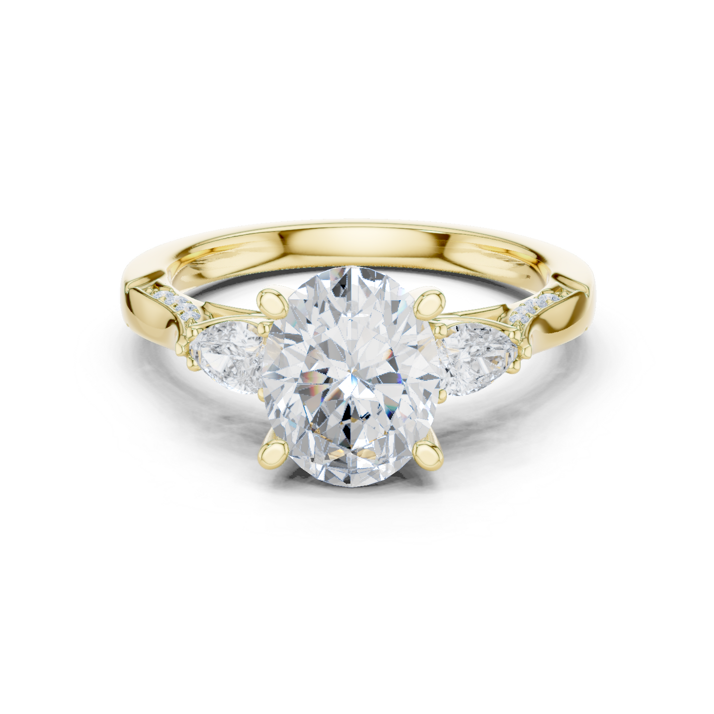 2.54ctw Oval-Cut & Pear Three-Stone Diamond Ring | Yellow Gold Pavé Band