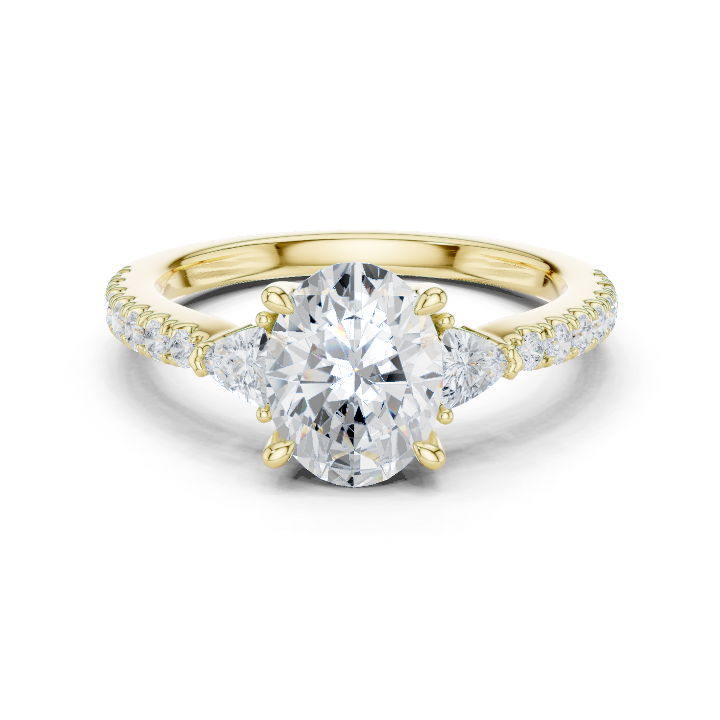 1.96ctw Oval Shaped Diamond Three-Stone Engagement Ring in Yellow Gold