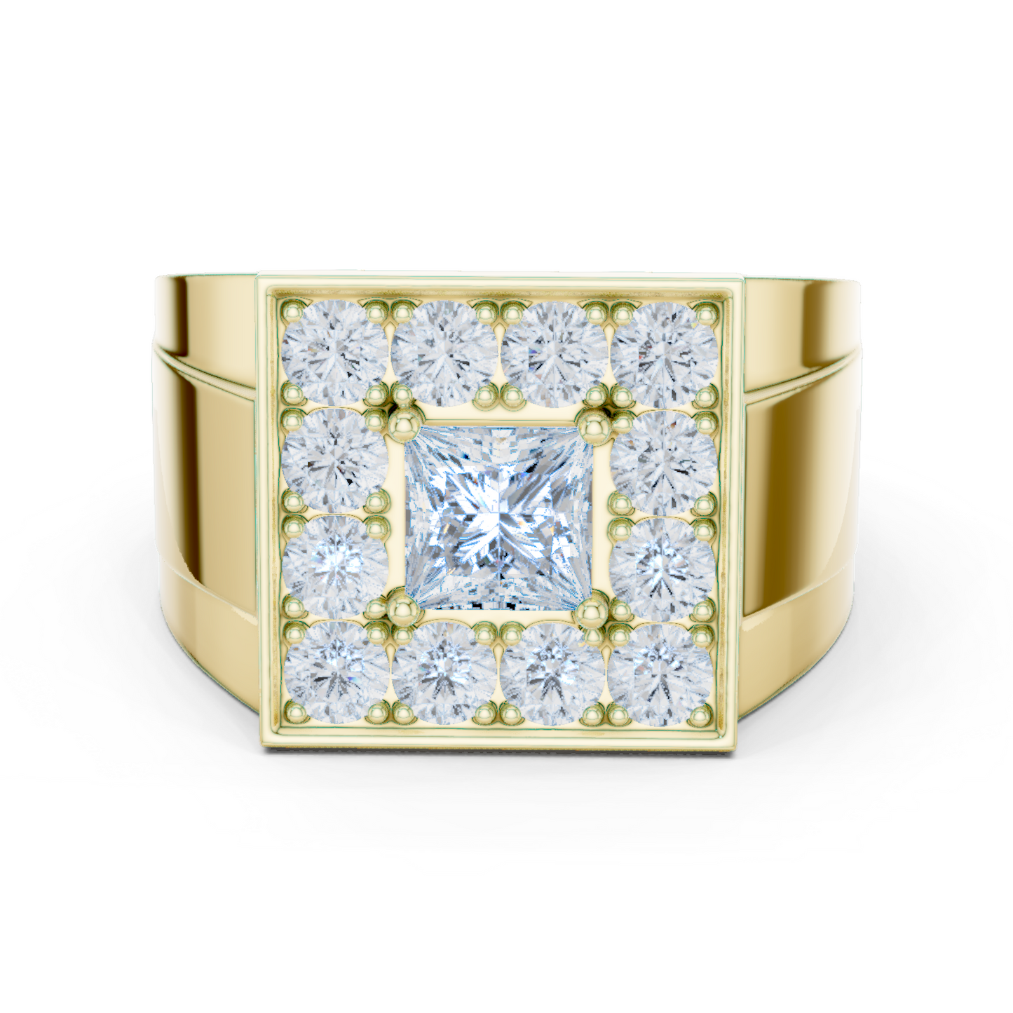 Yellow Gold Princess Cut Diamond Ring - 2.32CTW Square Halo Statement Band