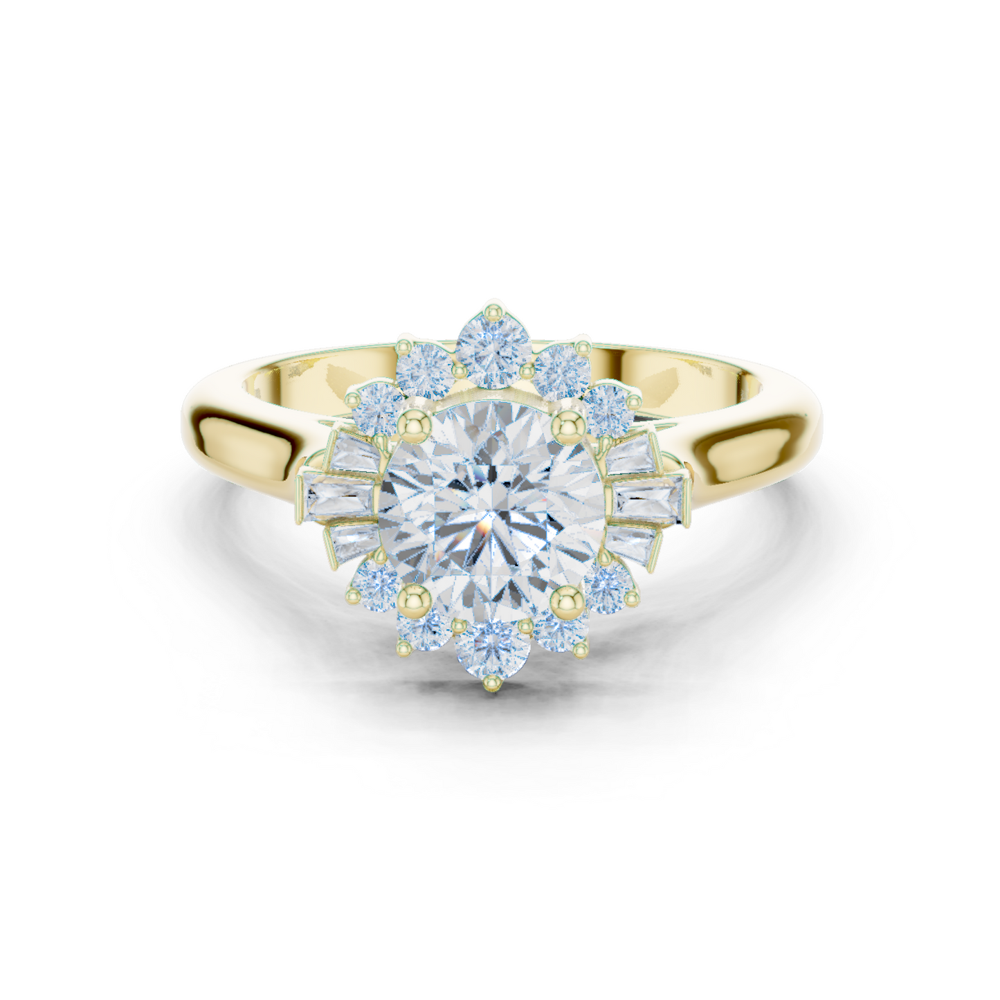 1.41ctw Round Diamond Baguette Ballerina Halo Ring - Solid Gold