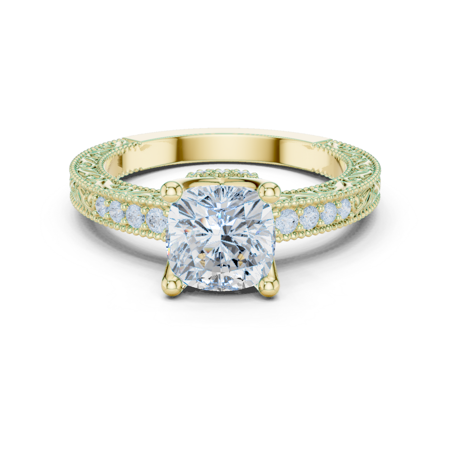 2.19ctw Vintage Cushion Cut Ring with Milgrain Filigree Hidden Halo | Yellow Gold