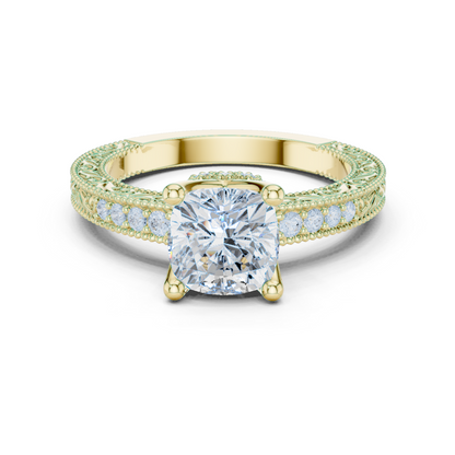 2.19ctw Vintage Cushion Cut Ring with Milgrain Filigree Hidden Halo | Yellow Gold