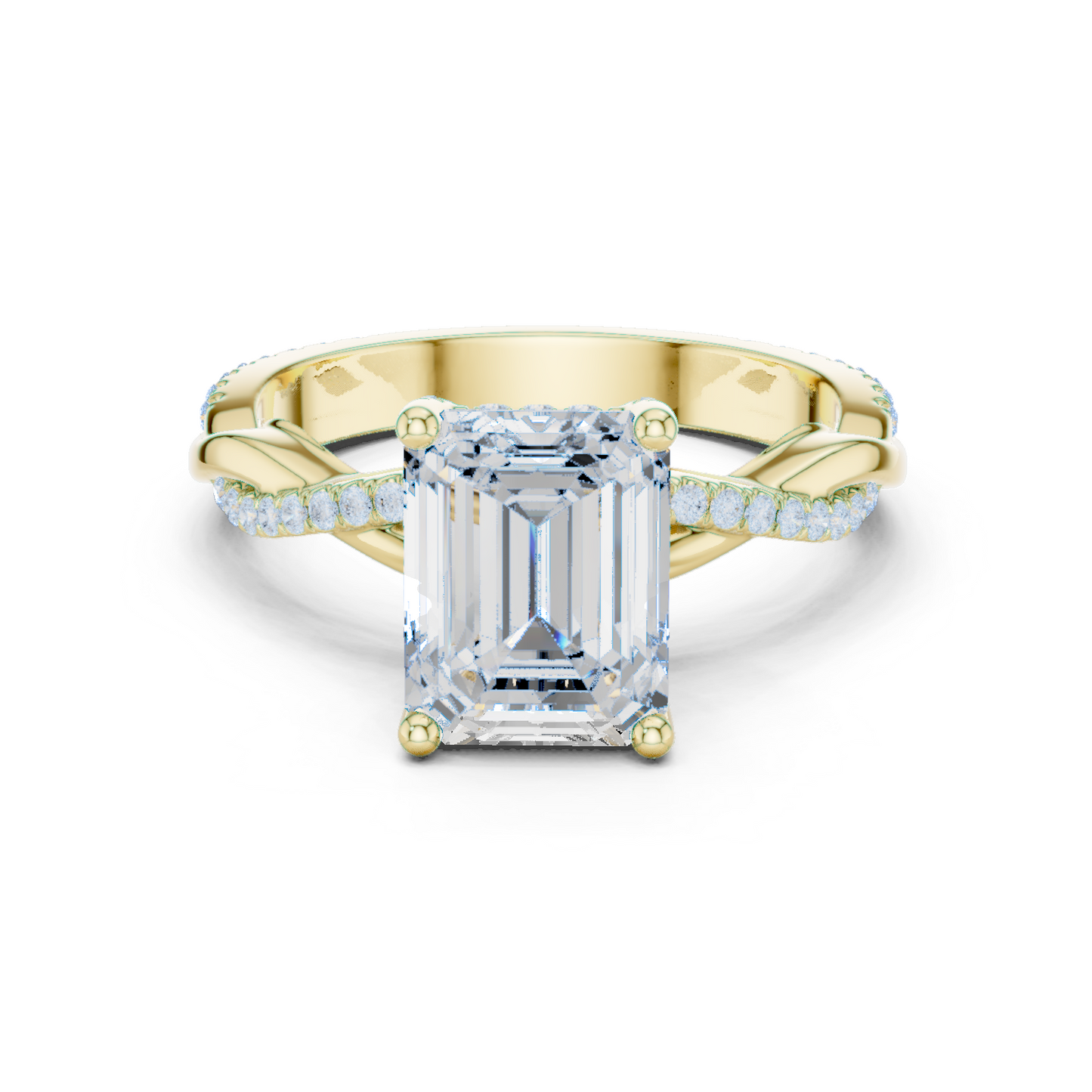 2.35ctw Emerald-Cut Pavé Diamond Twisted Infinity Ring | Yellow Gold Solitaire