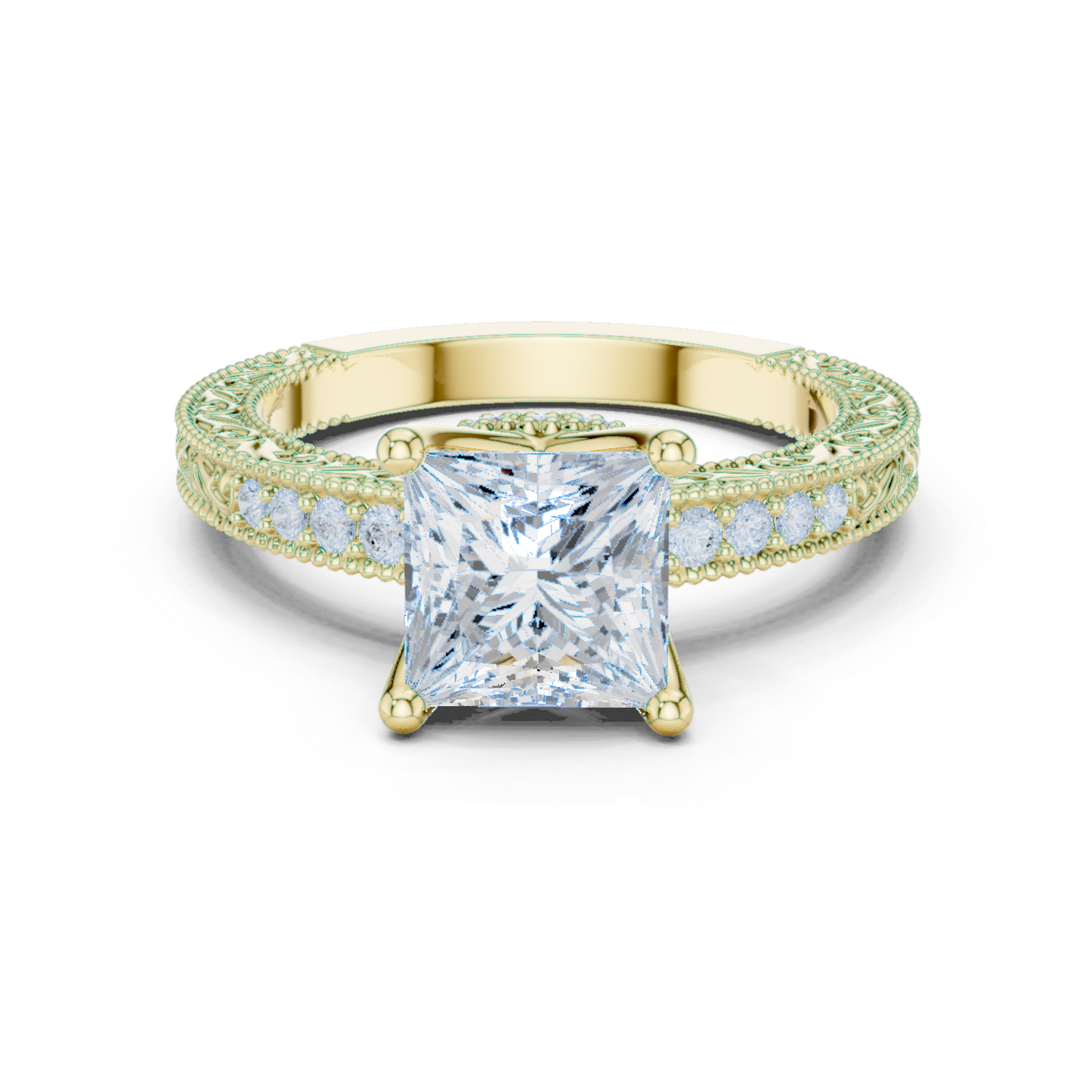 2.19ctw Vintage Princess Cut Ring with Milgrain Filigree Hidden Halo | Yellow Gold