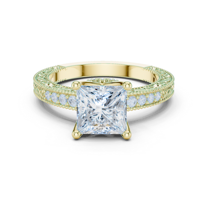 2.19ctw Vintage Princess Cut Ring with Milgrain Filigree Hidden Halo | Yellow Gold