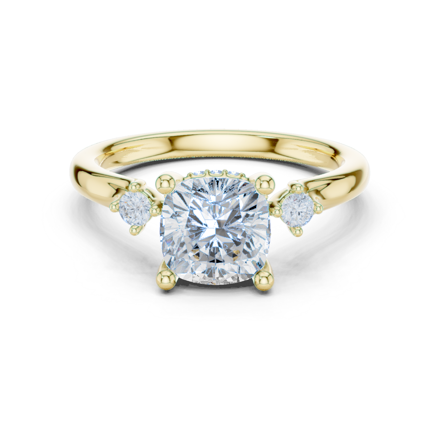 2.16ctw Cushion Cut Three-Stone Ring with Hidden Halo | Yellow Gold