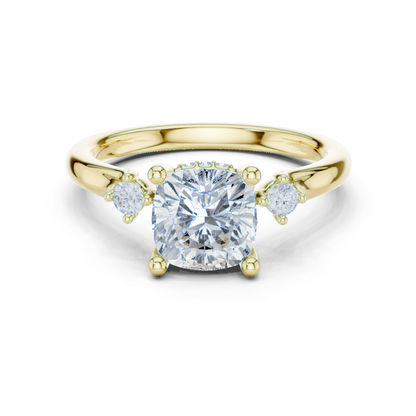 2.16ctw Cushion Cut Three-Stone Ring with Hidden Halo | Yellow Gold