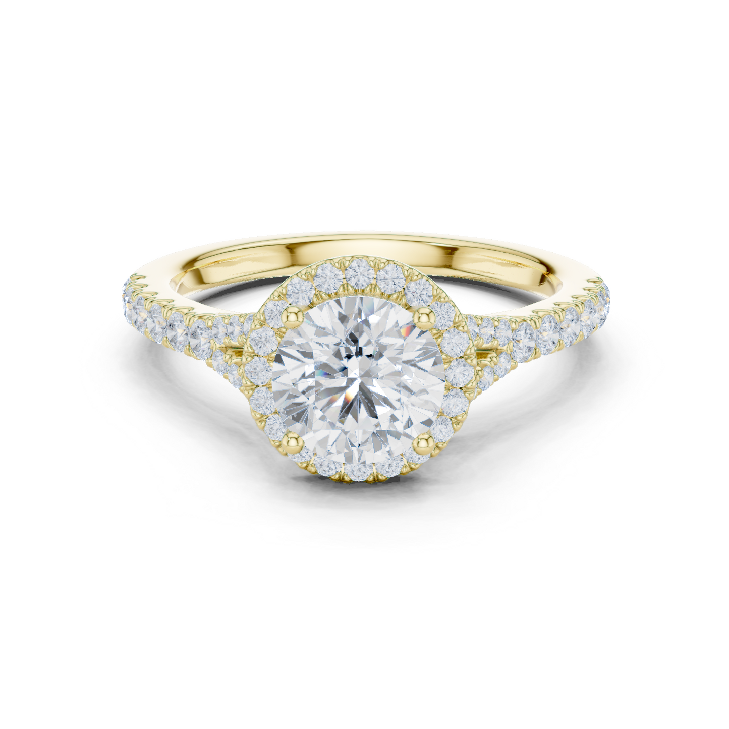 1.39ctw Round-Cut Diamond Halo Split Shank Pavé Bridal Ring | Yellow Gold
