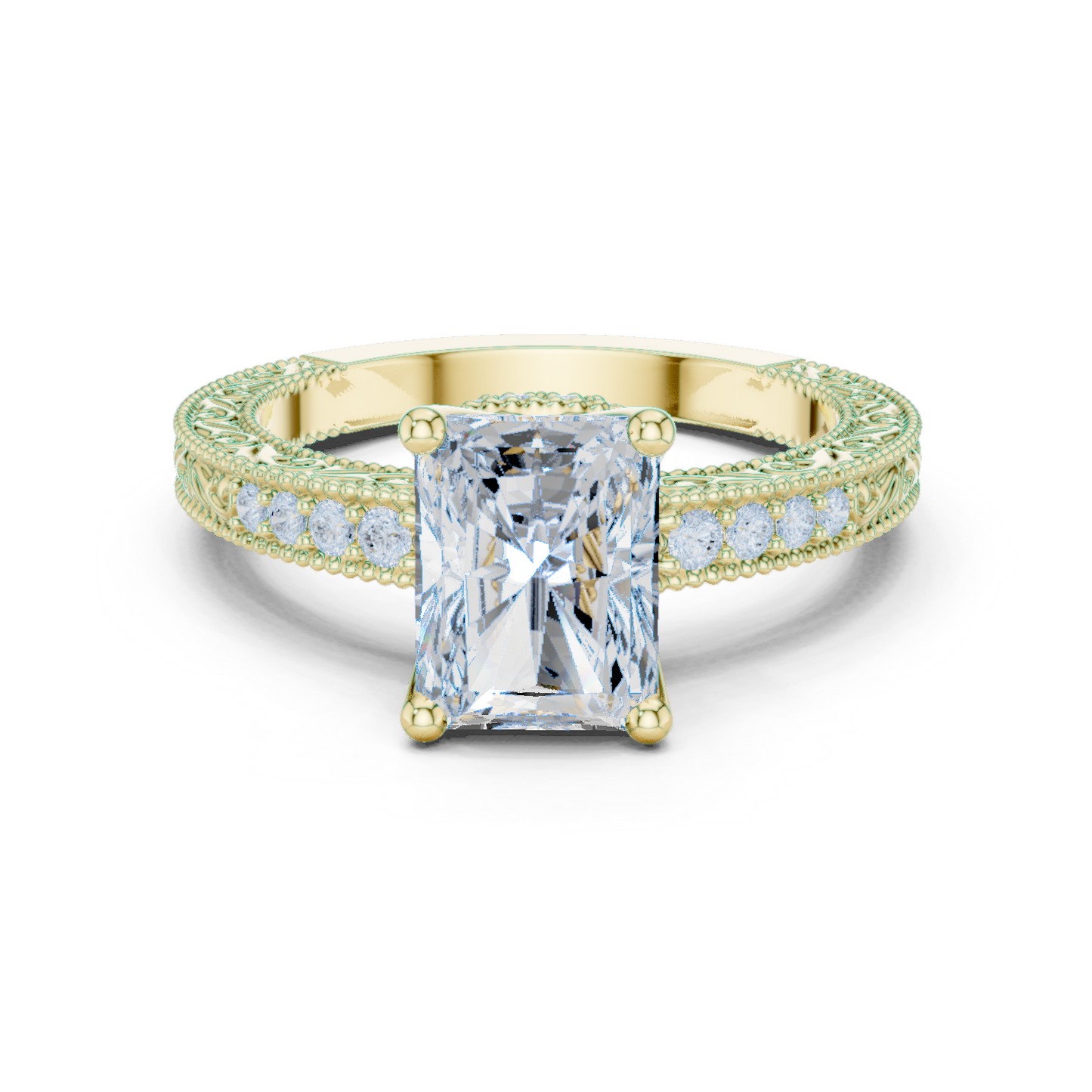 2.21ctw Vintage Radiant Cut Ring with Milgrain Filigree Hidden Halo | Yellow Gold