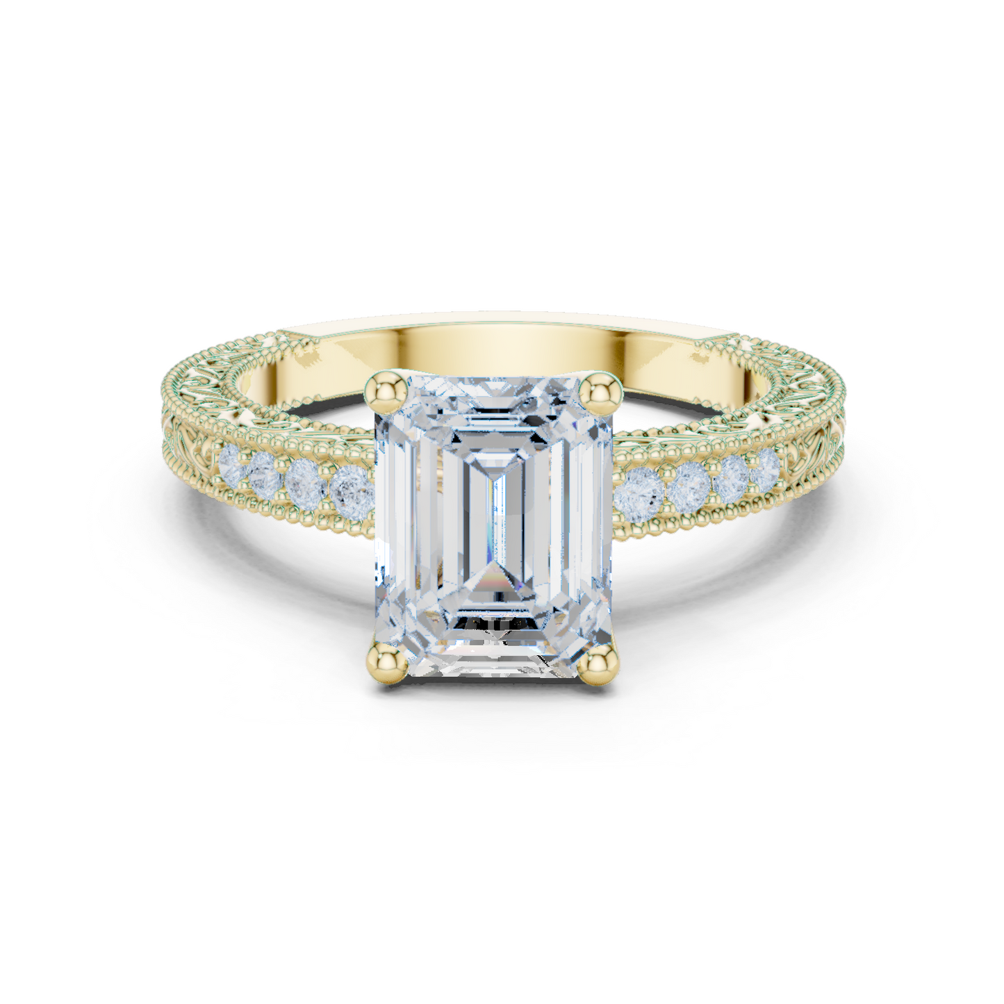 2.21ctw Vintage Emerald Cut Ring with Milgrain Filigree Hidden Halo | Yellow Gold