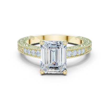 2.21ctw Vintage Emerald Cut Ring with Milgrain Filigree Hidden Halo | Yellow Gold