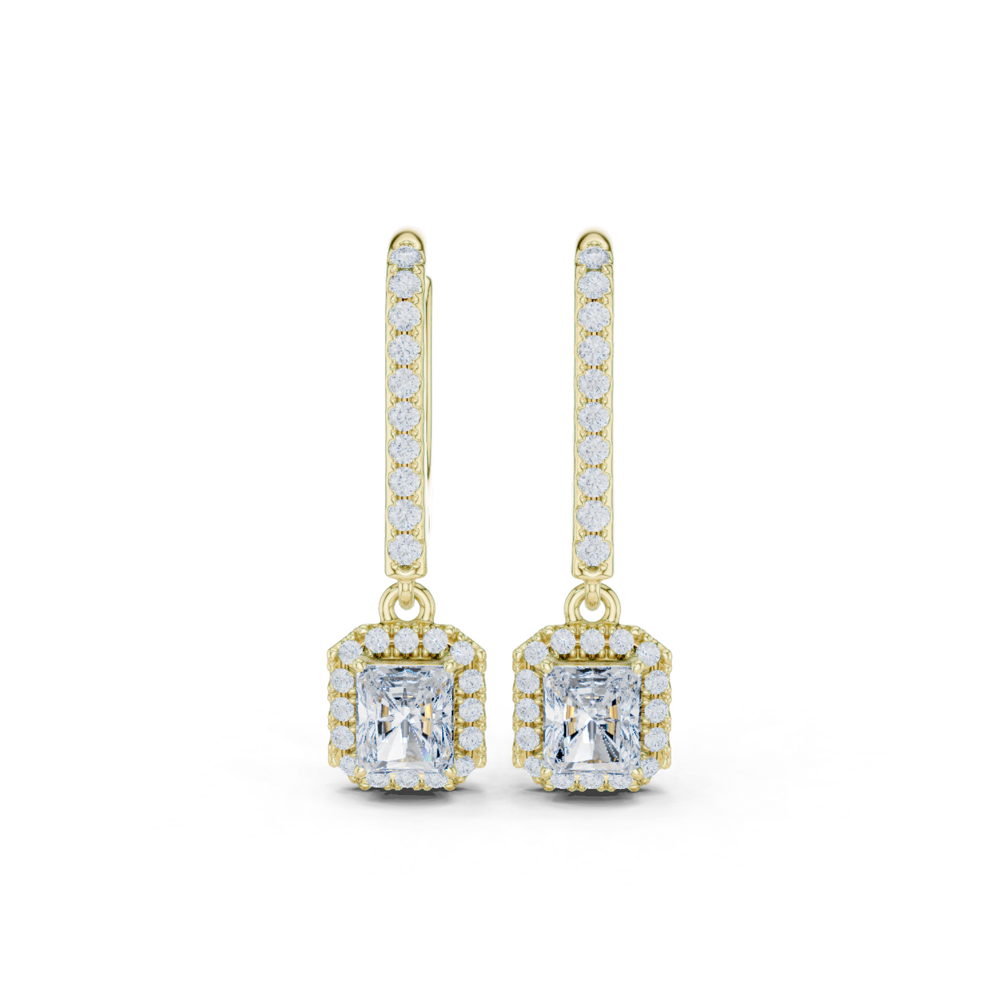 0.83ctw Radiant Cut Diamond Halo Drop Huggie Earrings - Yellow Gold