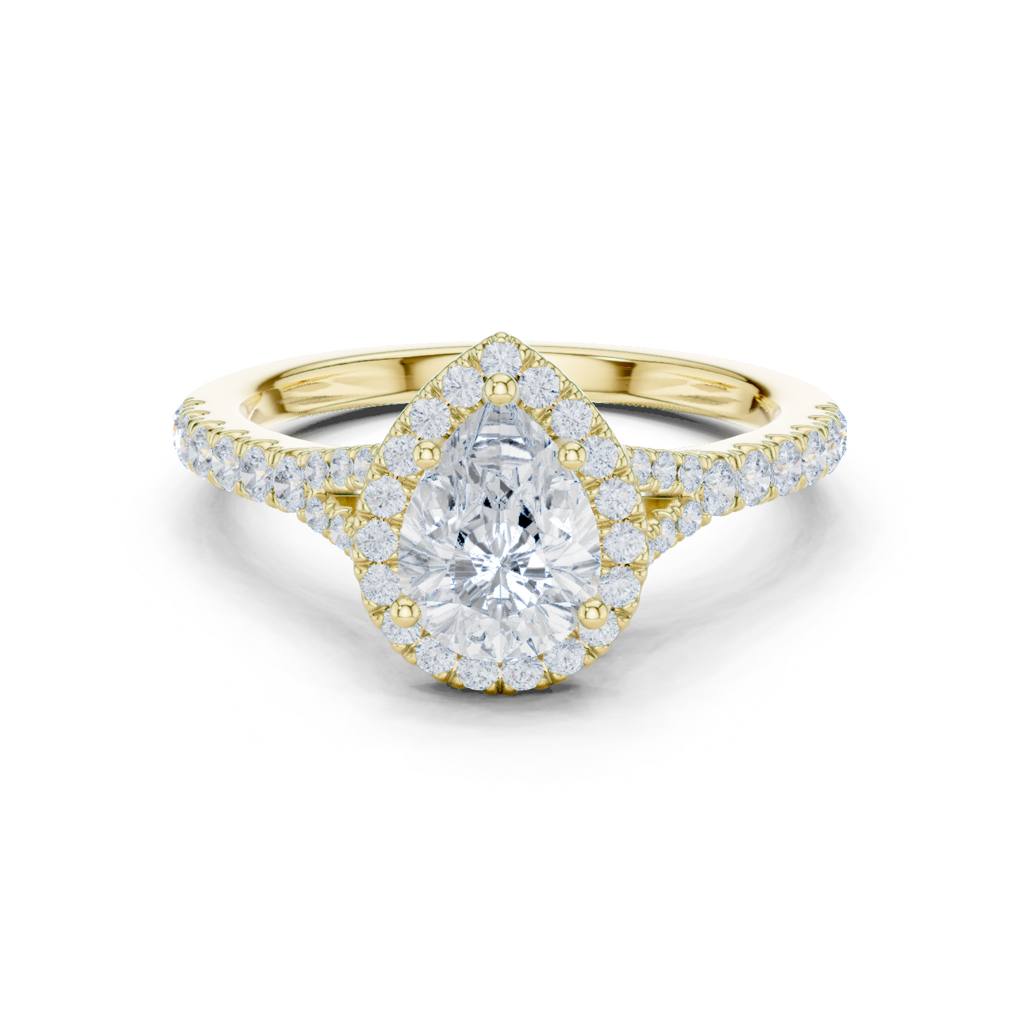 1.38ctw Pear-Cut Diamond Halo Split Shank Pavé Bridal Ring | Yellow Gold