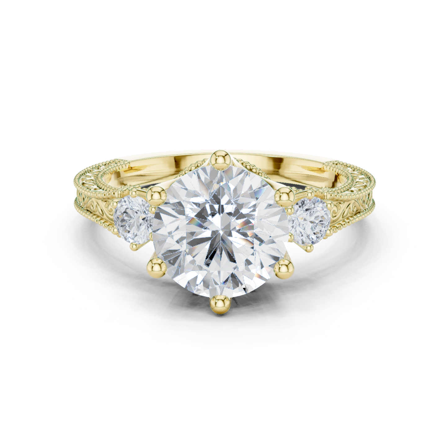 2.80 Carat Vintage Three-Stone Round Diamond Filigree Ring | Solid Gold