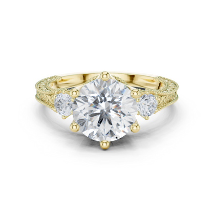 2.80 Carat Vintage Three-Stone Round Diamond Filigree Ring | Solid Gold