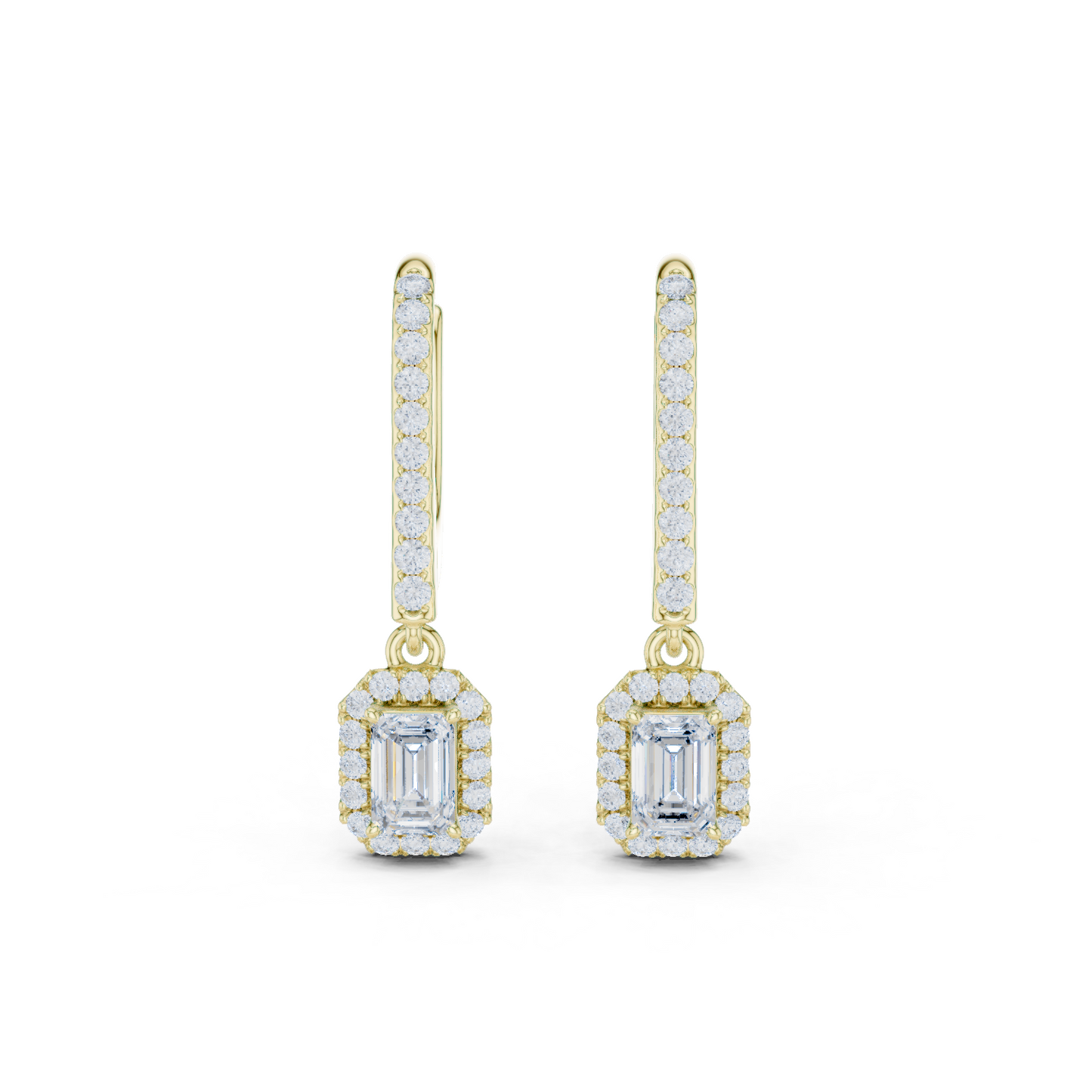 0.83ctw Emerald Cut Diamond Halo Drop Huggie Earrings - Yellow Gold