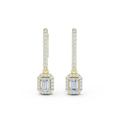 0.83ctw Emerald Cut Diamond Halo Drop Huggie Earrings - Yellow Gold