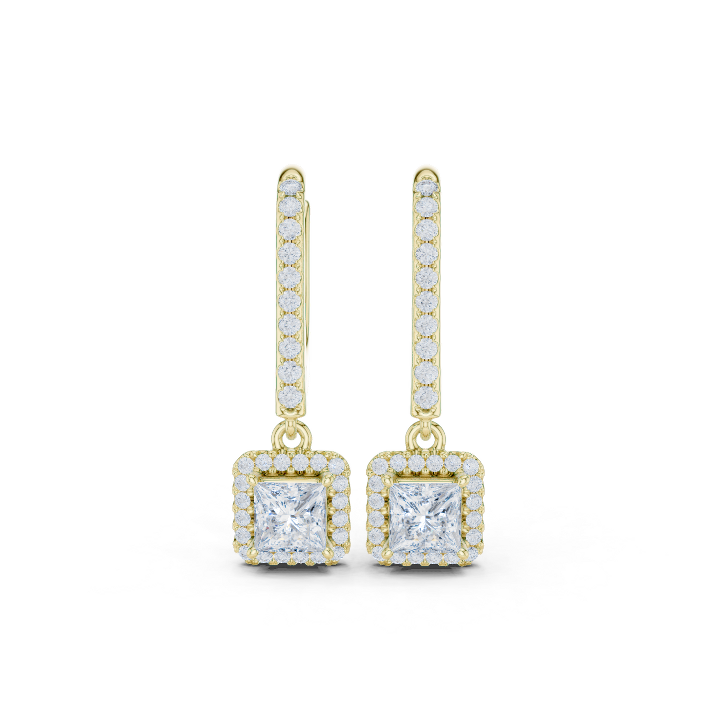 0.83ctw Princess Cut Diamond Halo Drop Huggie Earrings - Yellow Gold