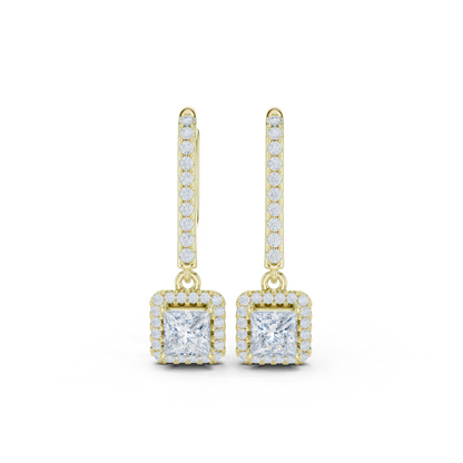 0.83ctw Princess Cut Diamond Halo Drop Huggie Earrings - Yellow Gold
