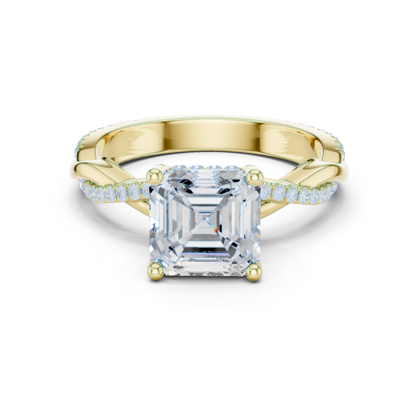 2.33ctw Asscher-Cut Pavé Diamond Twisted Infinity Ring | Yellow Gold Solitaire