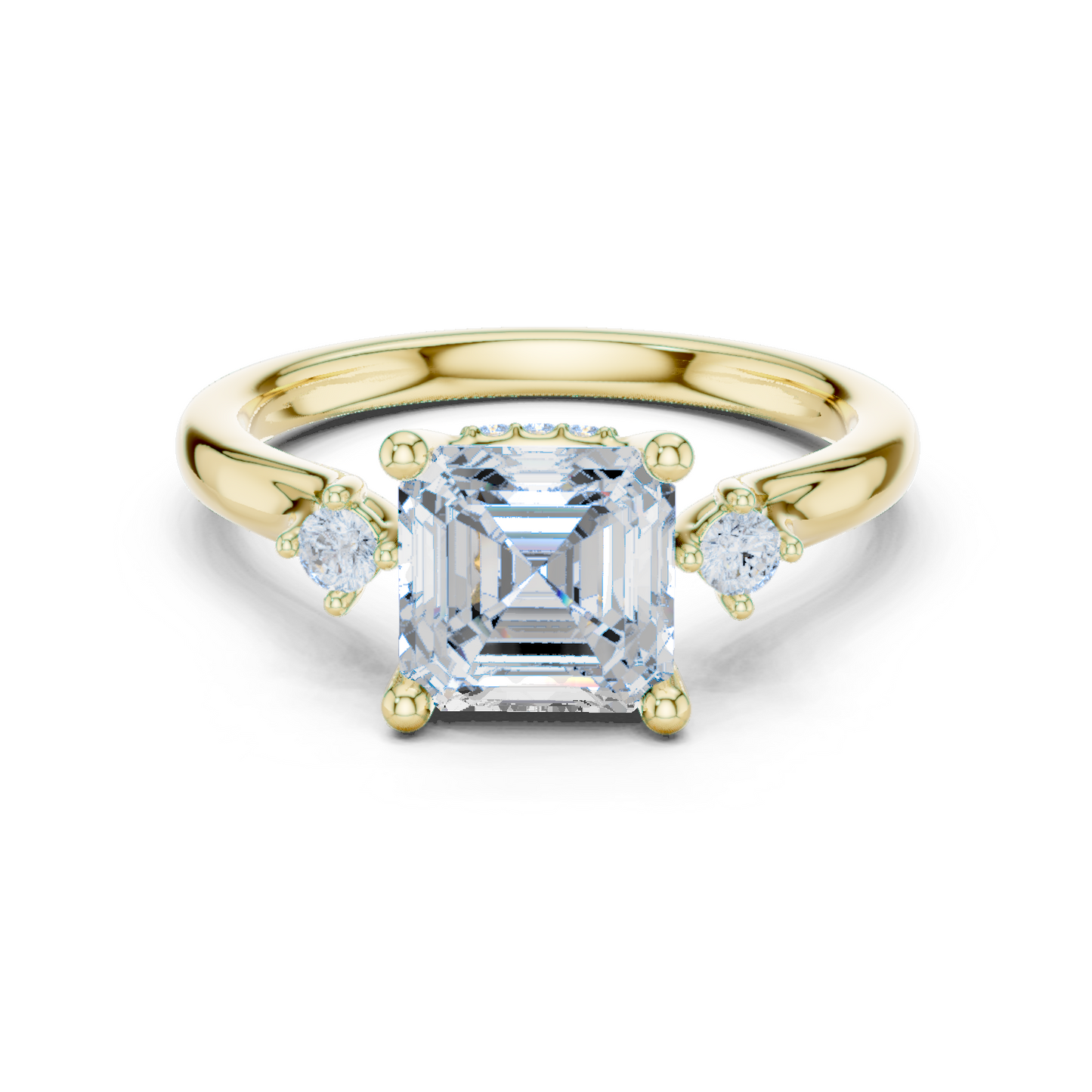2.16ctw Asscher Cut Three-Stone Ring with Hidden Halo | Yellow Gold