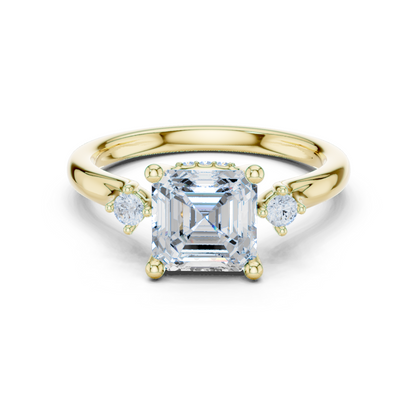 2.16ctw Asscher Cut Three-Stone Ring with Hidden Halo | Yellow Gold