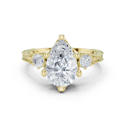 2.80 Carat Vintage Three-Stone Pear Diamond Filigree Ring | Solid Gold