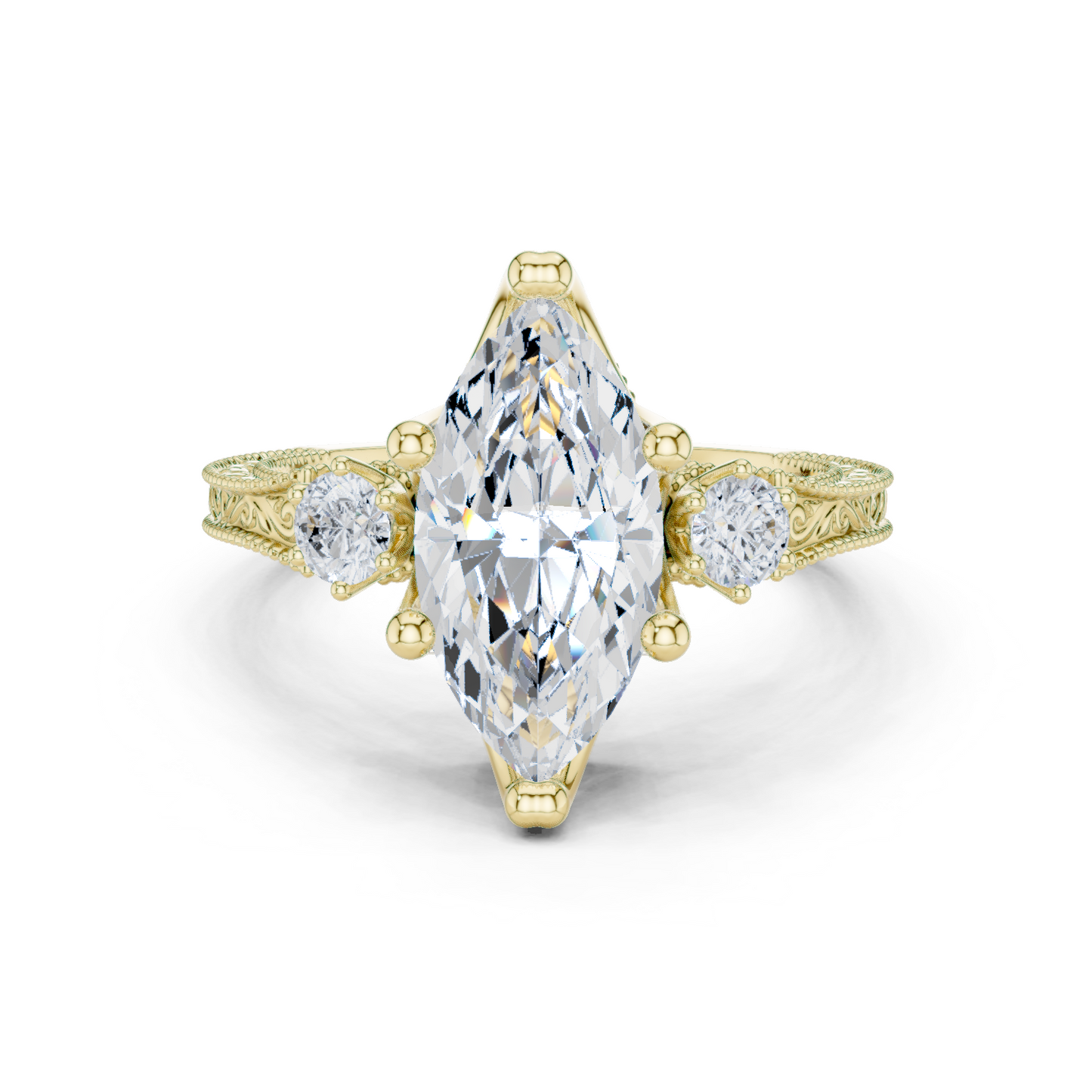 2.80 Carat Vintage Three-Stone Marquise Diamond Filigree Ring | Solid Gold