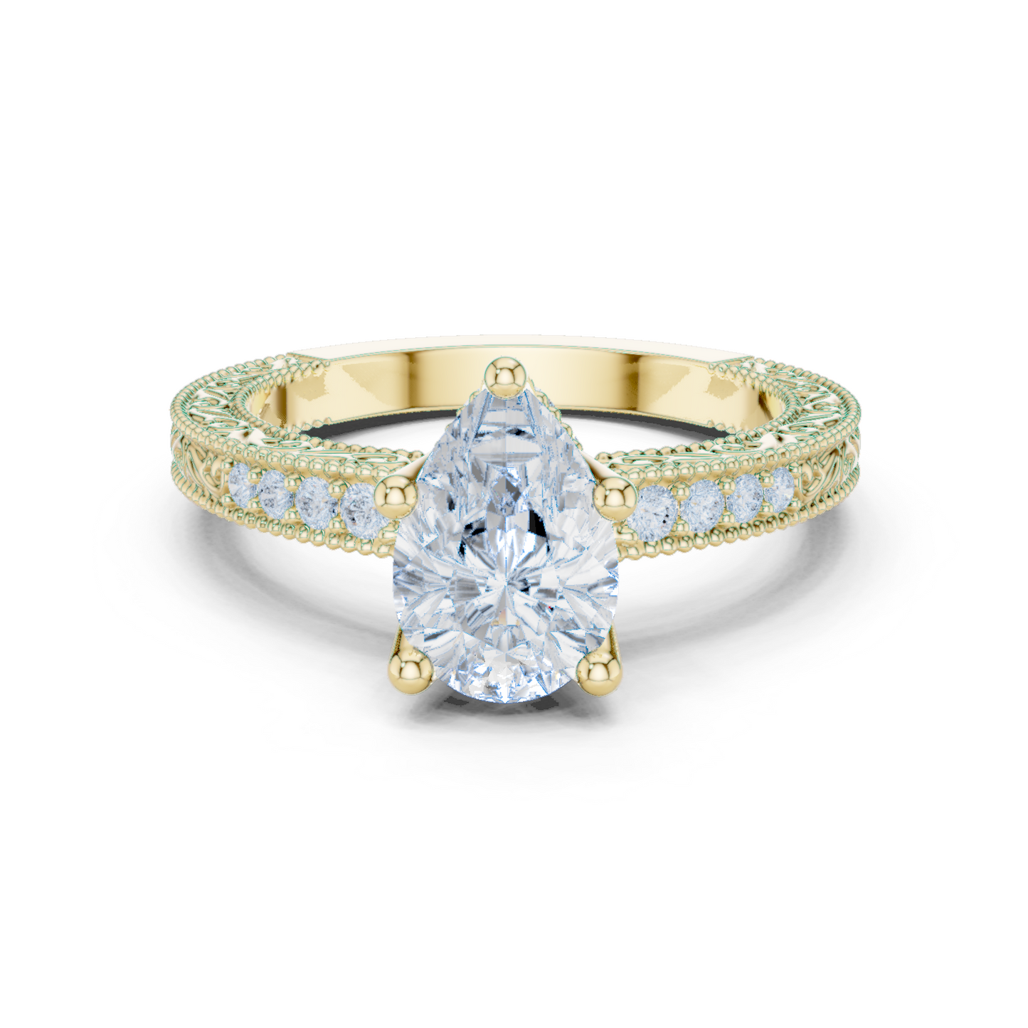 2.19ctw Vintage Pear Cut Ring with Milgrain Filigree Hidden Halo | Yellow Gold
