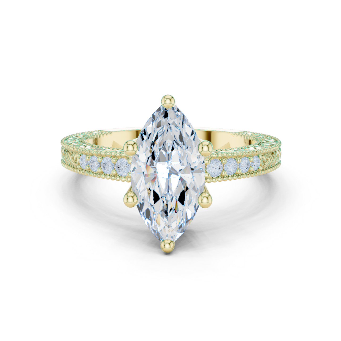 2.22ctw Vintage Marquise Cut Ring with Milgrain Filigree Hidden Halo | Yellow Gold