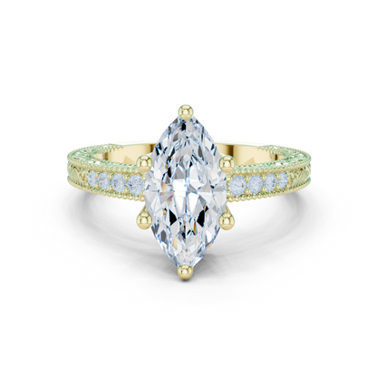 2.22ctw Vintage Marquise Cut Ring with Milgrain Filigree Hidden Halo | Yellow Gold