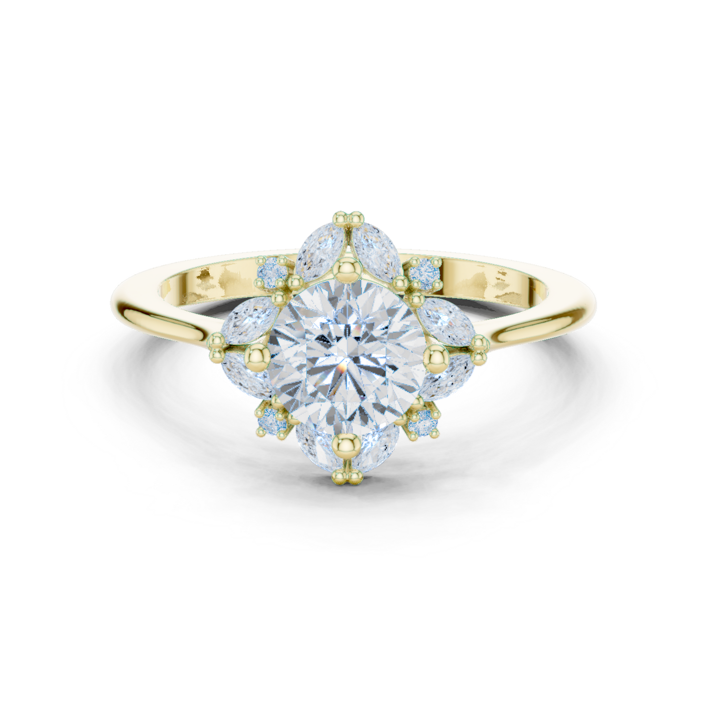 1.16ctw Round Diamond Marquise Cluster Starburst Halo Ring - Solid Gold