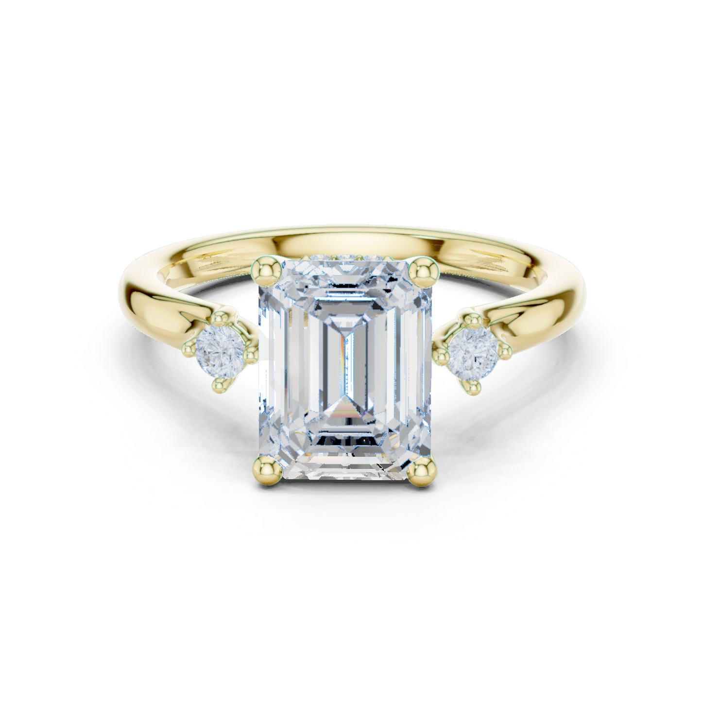 2.16ctw Emerald Cut Three-Stone Ring with Hidden Halo | Yellow Gold