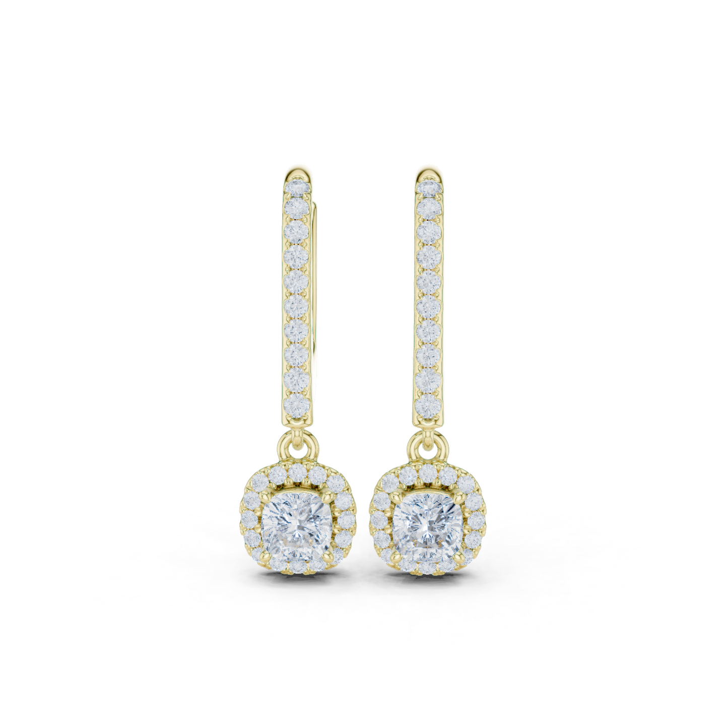 0.80ctw Cushion Cut Diamond Halo Drop Huggie Earrings - Yellow Gold