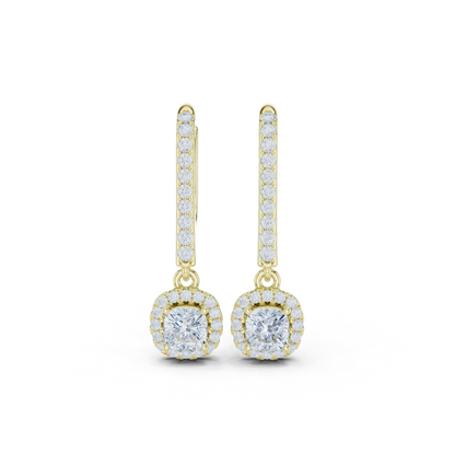 0.80ctw Cushion Cut Diamond Halo Drop Huggie Earrings - Yellow Gold