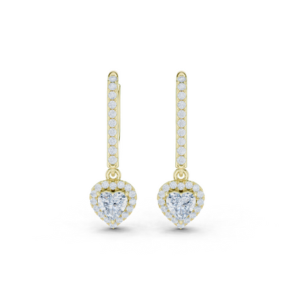 0.83ctw Heart Shaped Diamond Halo Drop Huggie Earrings - Yellow Gold