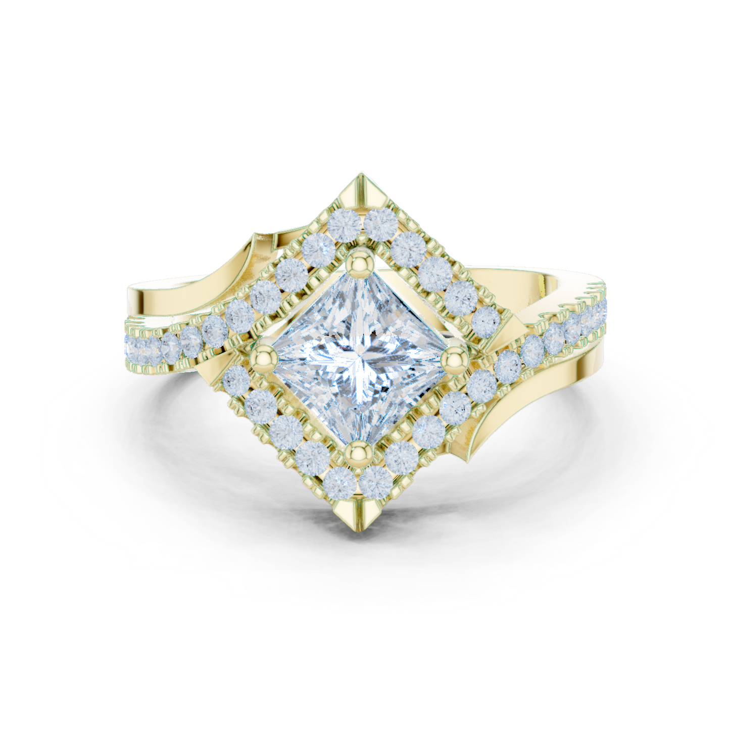 1.36ctw Princess Cut Diamond Kite Shape Halo Bypass Ring - Solid Gold
